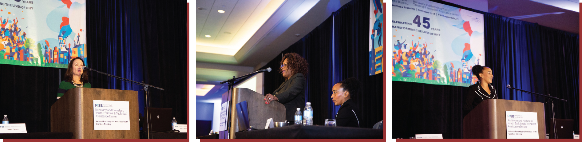 Three images - the first is of Commissioner Elizabeth Darling speaking on stage. The second is of Deputy Associate Commissioner Debbie Powell speaking, and the third image is Nola Brantley providing her keynote at the 2019 National RHY Grantees Training's opening session.