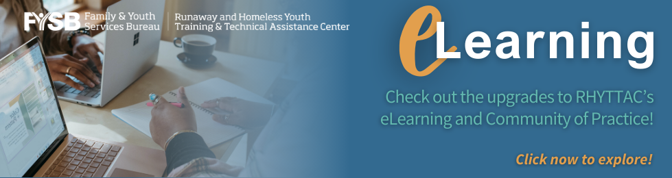 The left side of the banner is a photo of a person sitting at a laptop typing. The rest of the banner is dark blue with the eLearning logo in white and yellow text 