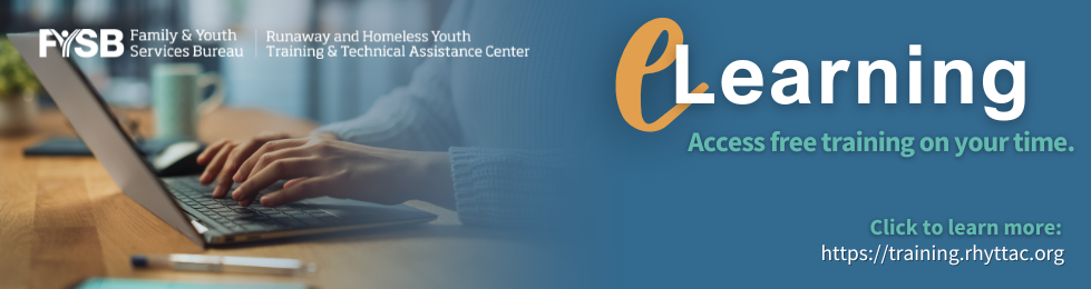 The left side of the banner is a photo of a person sitting at a laptop typing. The rest of the banner is dark blue with the eLearning logo in white and yellow text that reads: Access free training on your time. A subheading reading: Click to learn more which links to the eLearning platform website.
