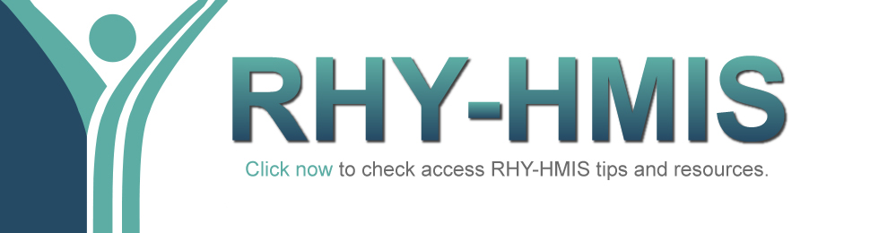 Dark blue and teal gradient large capital letters "RHY-HMIS" on a white background. Below in smaller font reads: Click now to check access RHY-HMIS tips and resources.